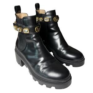 Gucci Trip Embellished Block Heel Leather Chelsea Boots EU 39.5 US 9.5